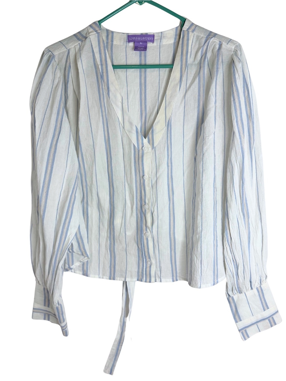 Lotus & Lavender Blue & White Striped Button Down V-Neck Blouse Size XL
